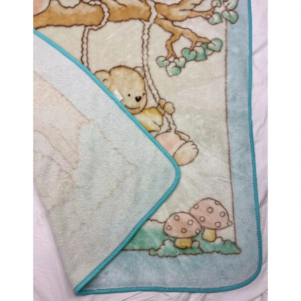 3 Bears Tree Swing‎ Plush Baby Blanket Blue Green Soft 44x50 Mushrooms Unisex